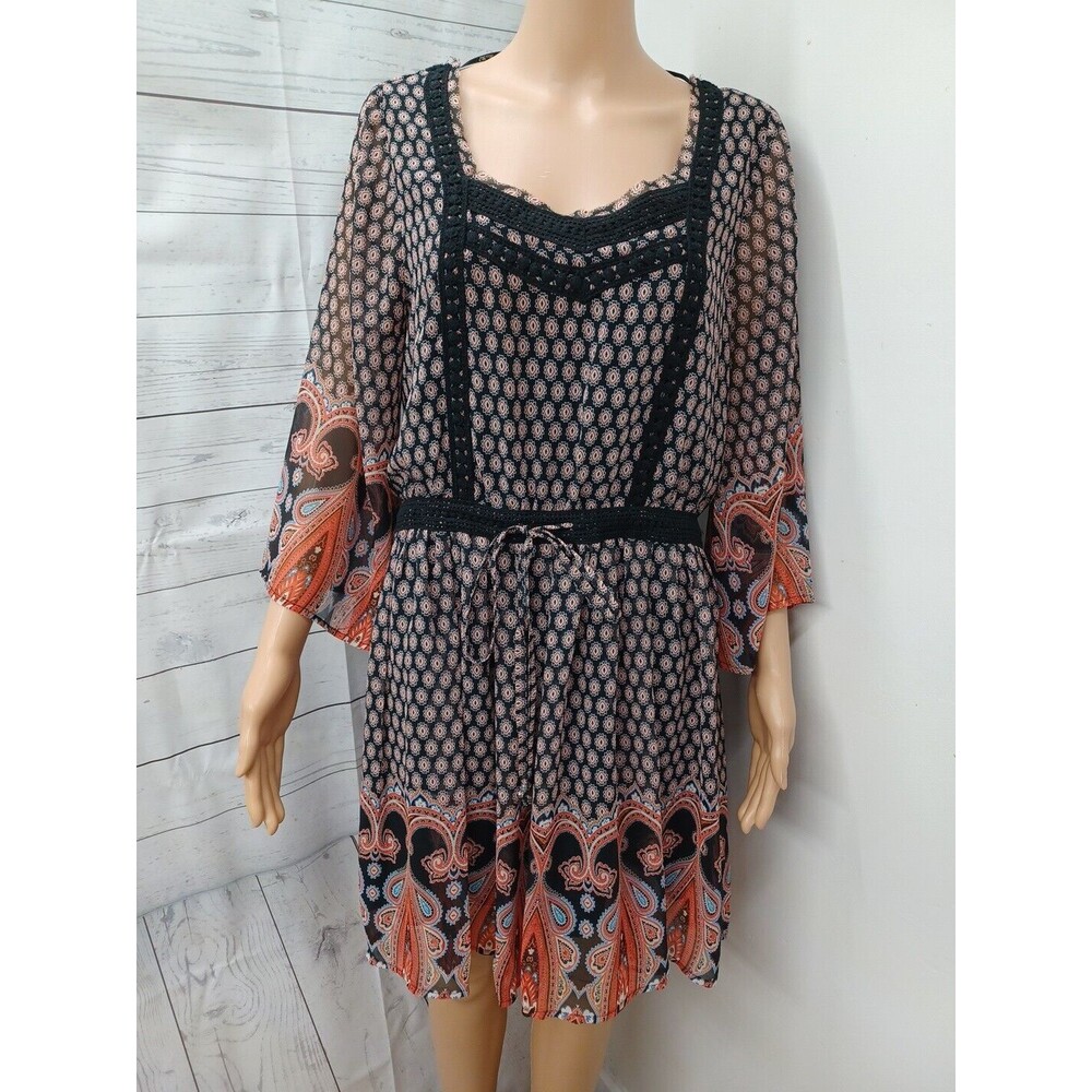 Miss Me Bohemian Peasant Dress Black Rust Floral Paisley Sheer Sleeves Sz S